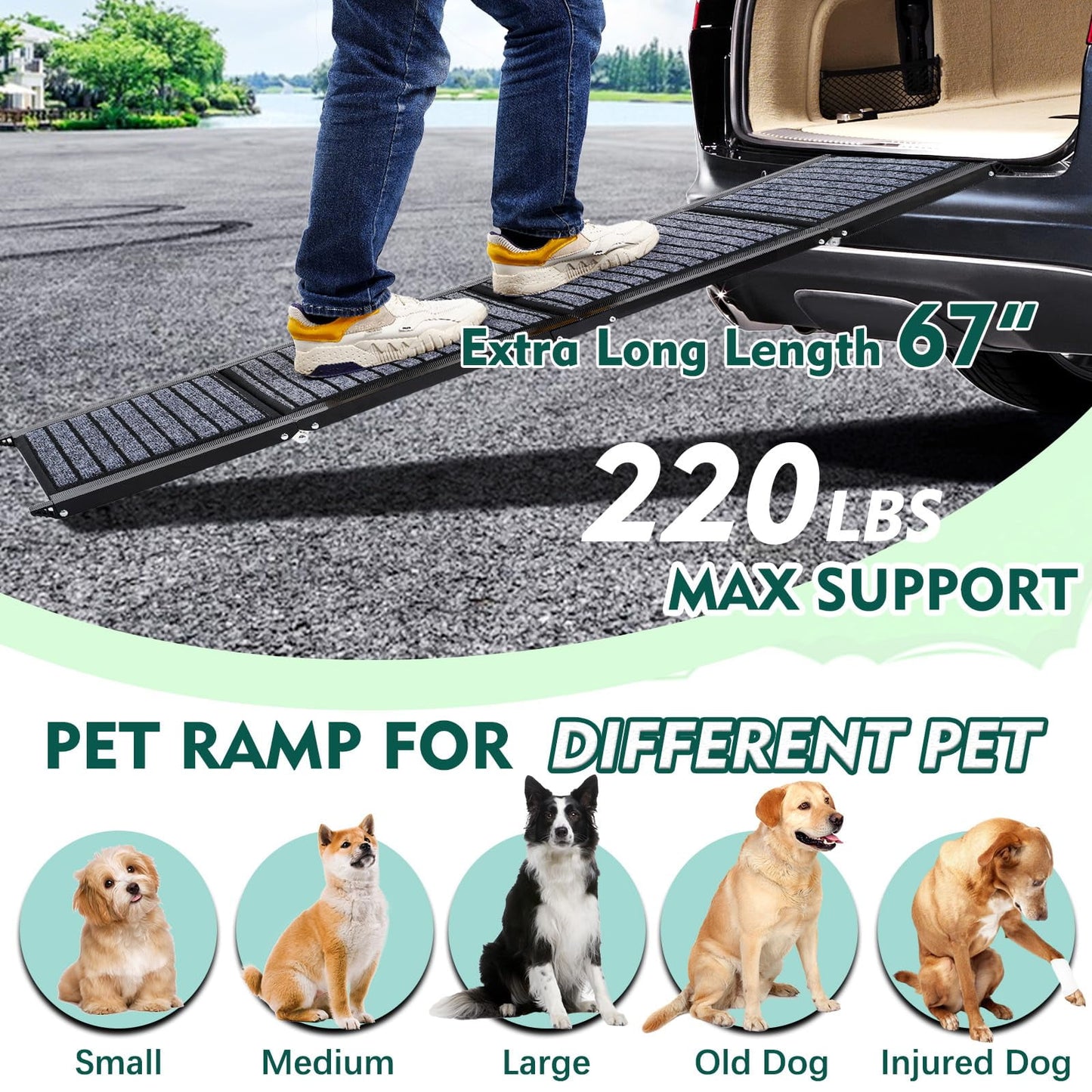 Furggis 67" Foldable Dog Ramps for Large Dogs, Dog Car Ramp with Non-Slip Rug Surface, Pet Ramp Stairs Portable,Dog Steps for Medium & Large Dogs up to 220 LBS Get into a Car, SUV & Truck