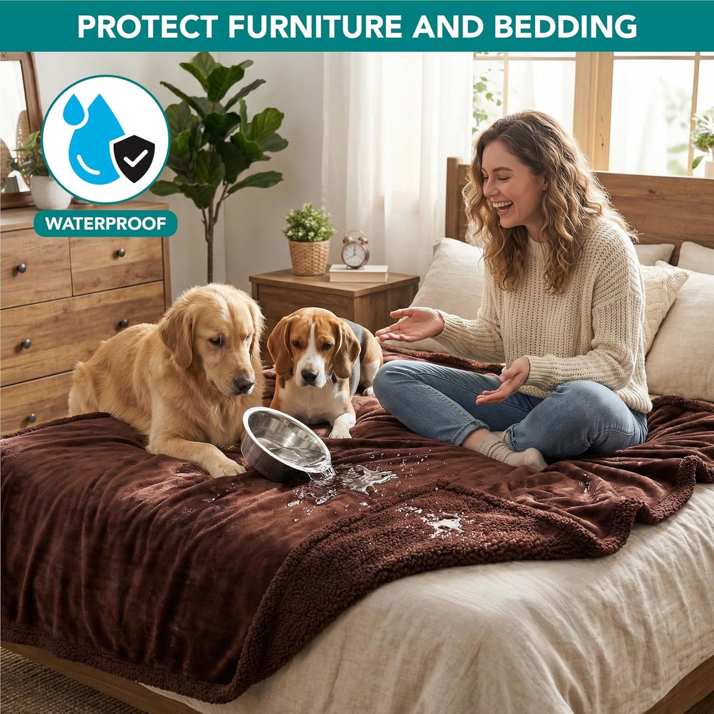 Waterproof Dog Blanket for Couch, Extra Large 80X60, Pee Proof Sherpa Fleece Reversible Pet Throw, Furniture Protector for Bed Sofa Crate Kennel, Soft Washable Cover for Dog Cat, Brown Sherpa