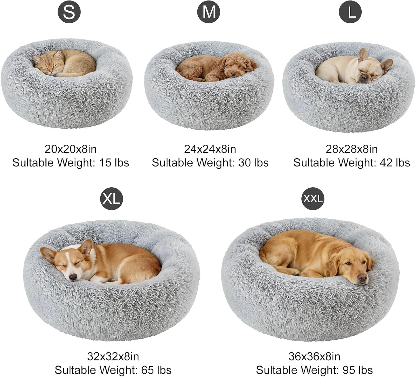 Dog Calming Beds for Small Medium Dogs - round Donut Washable Dog Bed, Anti-Slip Faux Fur Fluffy Donut Cuddler Anxiety Cat Bed(Light Grey 28")