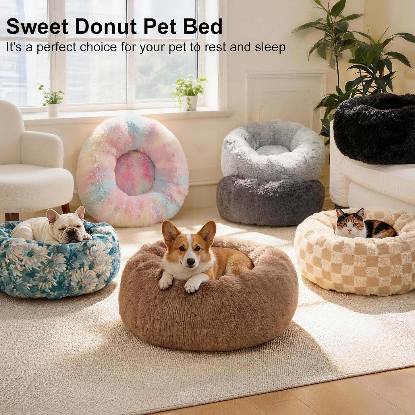 Dog Calming Beds for Small Medium Dogs - round Donut Washable Dog Bed, Anti-Slip Faux Fur Fluffy Donut Cuddler Anxiety Cat Bed(Light Grey 28")