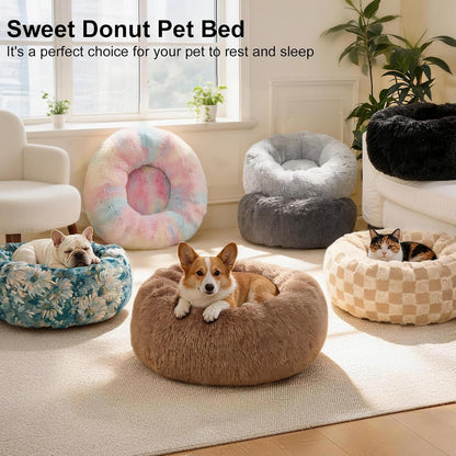 Dog Calming Beds for Small Medium Dogs - round Donut Washable Dog Bed, Anti-Slip Faux Fur Fluffy Donut Cuddler Anxiety Cat Bed(Light Grey 28")