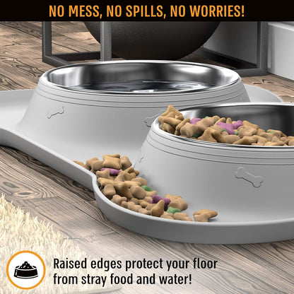 Stainless Steel Dog Bowl Set with Skid-Resistant Silicone Mat - No Spill, Mess-Proof Design for Small to Large Dogs