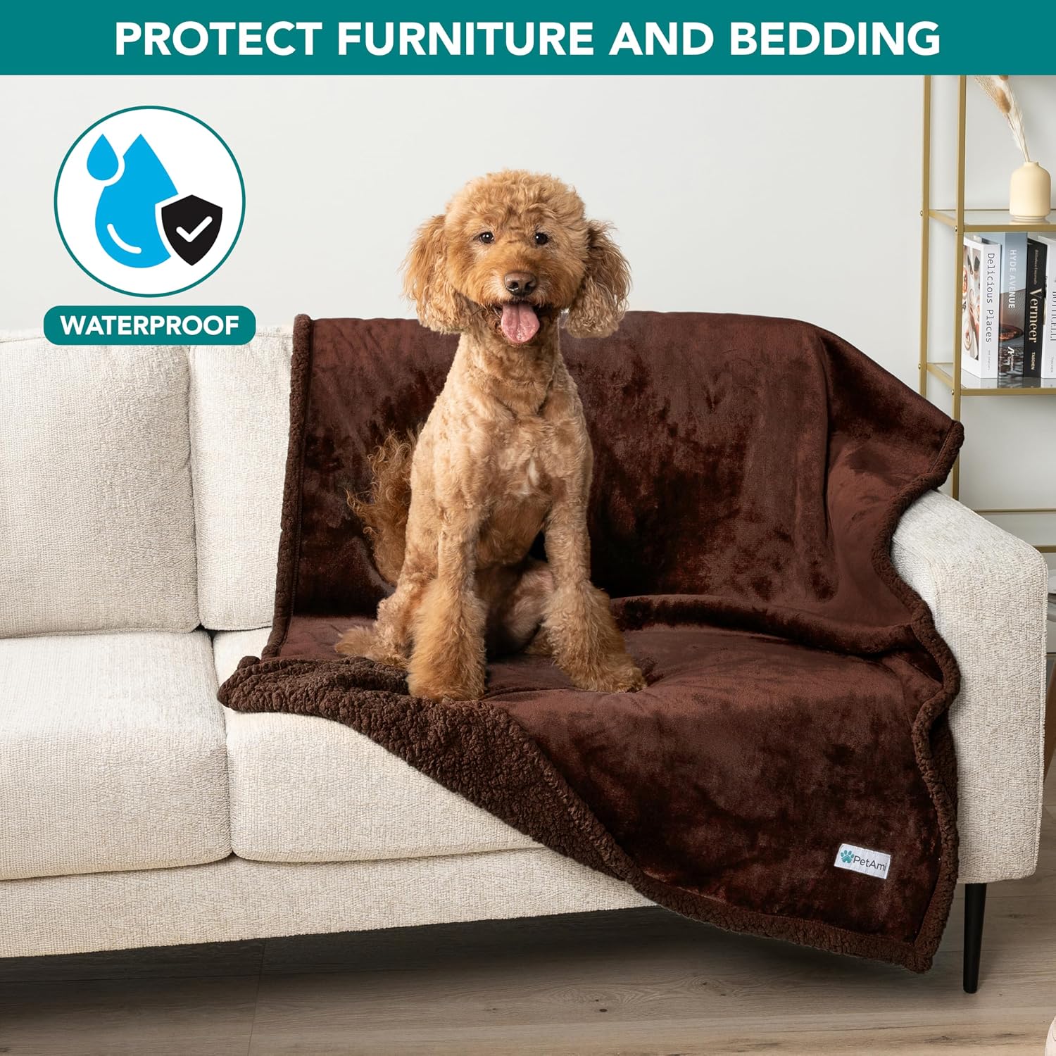 Waterproof Dog Blanket for Couch, Extra Large 80X60, Pee Proof Sherpa Fleece Reversible Pet Throw, Furniture Protector for Bed Sofa Crate Kennel, Soft Washable Cover for Dog Cat, Brown Sherpa